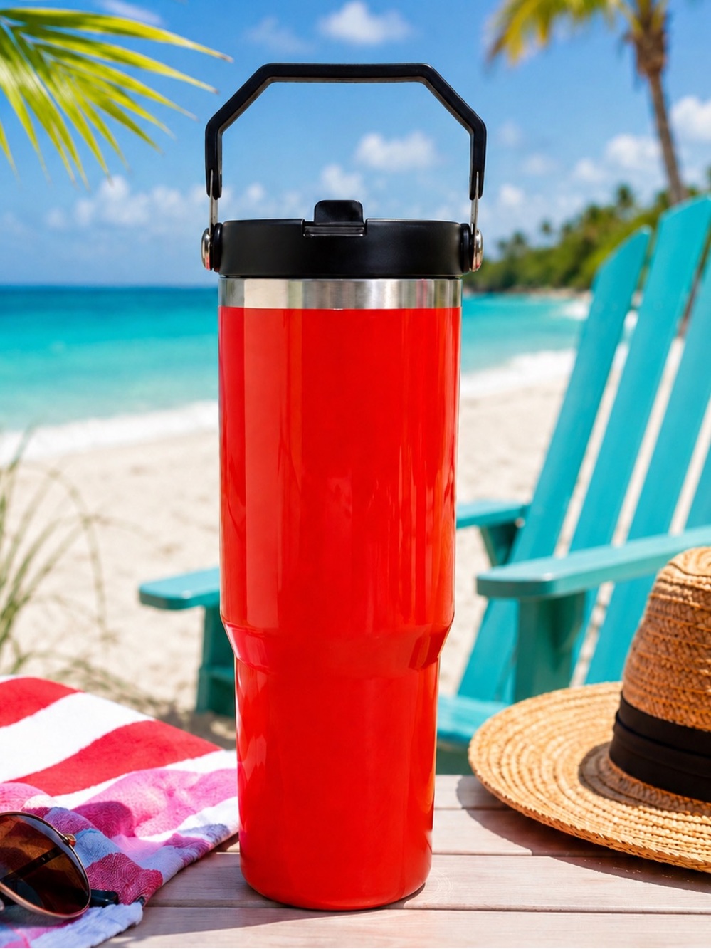 30 oz Neon Red Insulated Travel Mug with Flip Straw & Handle